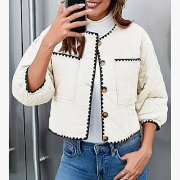 New! Cropped Quilted Jacket Winter Lightweight Puff 3/4 Sleeve Button Down Large - Picture 5 of 7